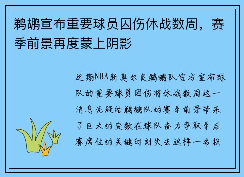鹈鹕宣布重要球员因伤休战数周，赛季前景再度蒙上阴影