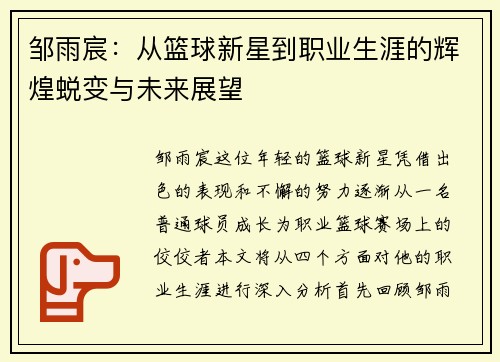 邹雨宸：从篮球新星到职业生涯的辉煌蜕变与未来展望