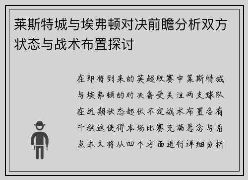莱斯特城与埃弗顿对决前瞻分析双方状态与战术布置探讨