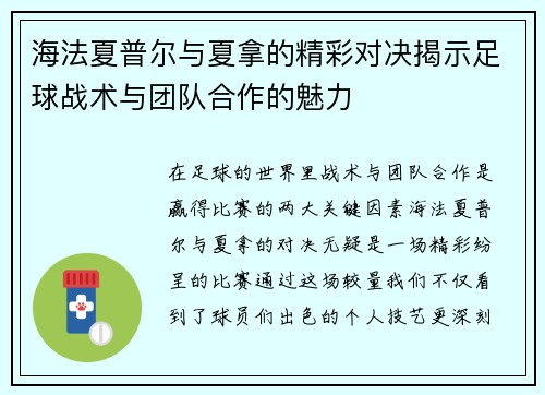 海法夏普尔与夏拿的精彩对决揭示足球战术与团队合作的魅力