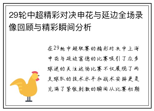 29轮中超精彩对决申花与延边全场录像回顾与精彩瞬间分析