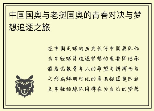 中国国奥与老挝国奥的青春对决与梦想追逐之旅