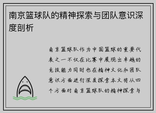 南京篮球队的精神探索与团队意识深度剖析