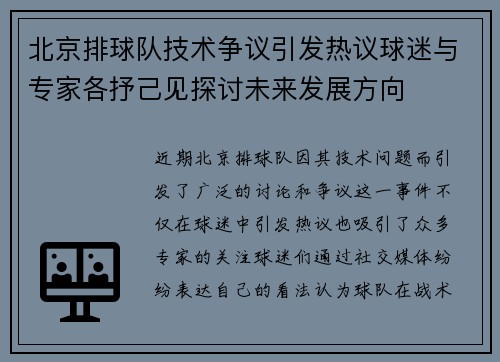 北京排球队技术争议引发热议球迷与专家各抒己见探讨未来发展方向