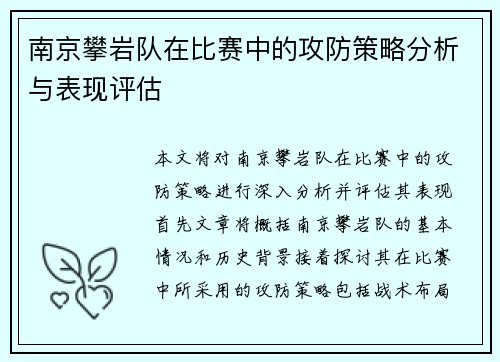 南京攀岩队在比赛中的攻防策略分析与表现评估